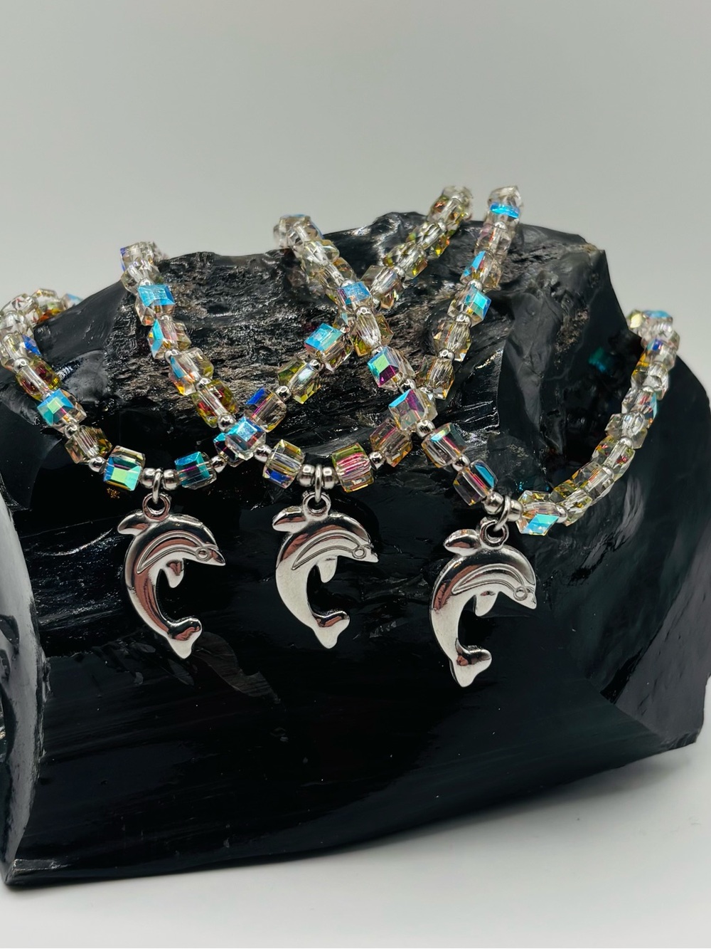 *ANKLET* S. Steel Silver Dolphin with AB Sunset Colors Crystal Stretchy Anklet